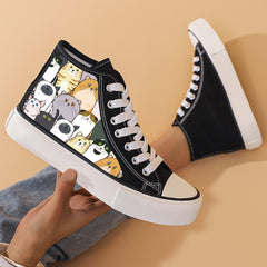 Cat Print Heighten Chunky Canvas Sneakers Non Slip High Top Skate Shoes