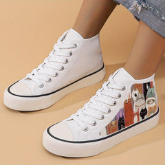 Cat Print Chunky Canvas Sneakers High Top Lace Up