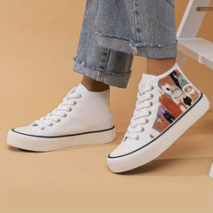Cat Print Chunky Canvas Sneakers High Top Lace Up