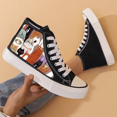 Cat Print Chunky Canvas Sneakers High Top Lace Up