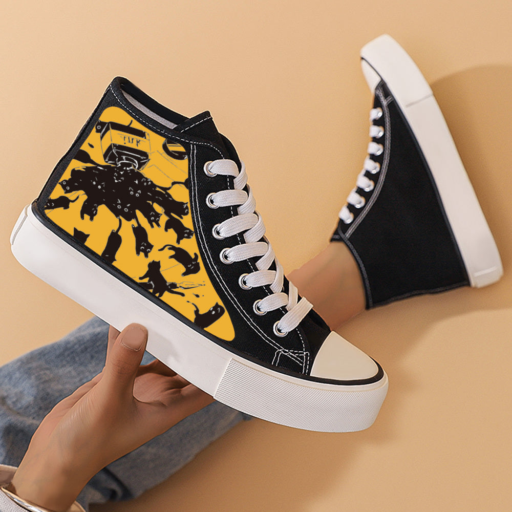 Cat Print Heighten Chunky Canvas Sneakers Non Slip High Top Classic Shoes