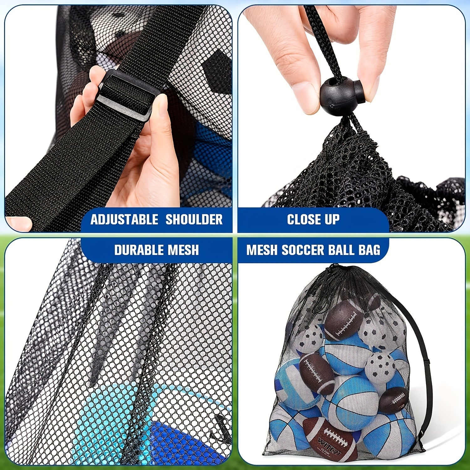 Adjustable Mesh Sports Bag Shoulder Strap Holds Tennis Soccer Football Volleybal