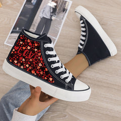 Heart Print Plush Lined Chunky Canvas Sneakers