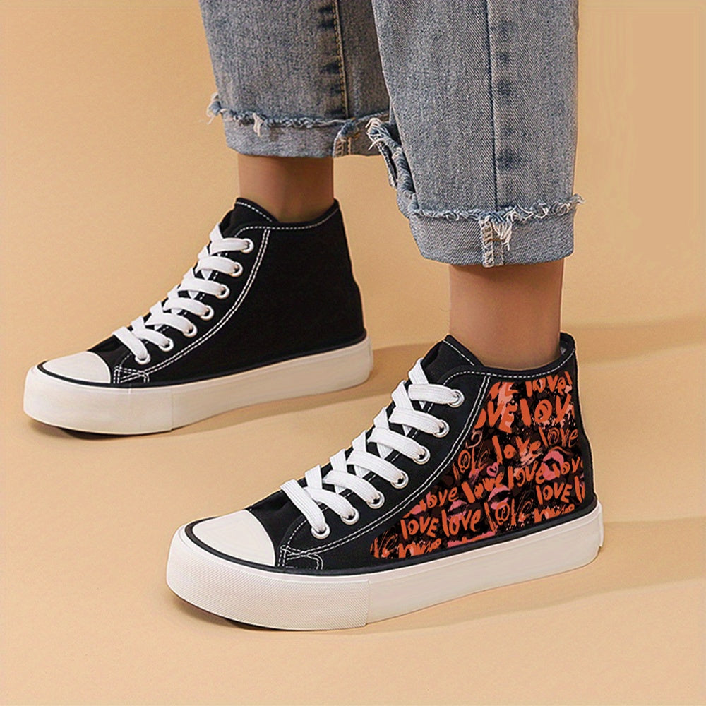 Love Print Flat Heighten Chunky Canvas Sneakers