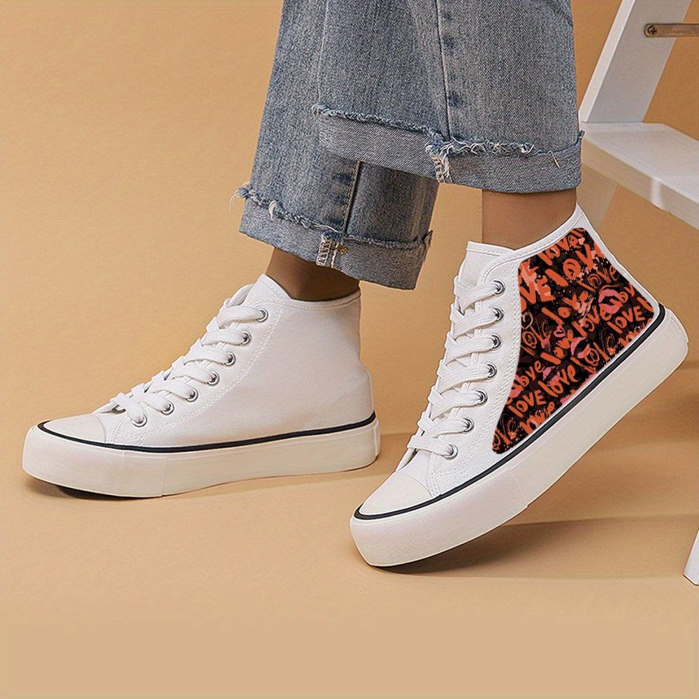 Love Print Flat Heighten Chunky Canvas Sneakers