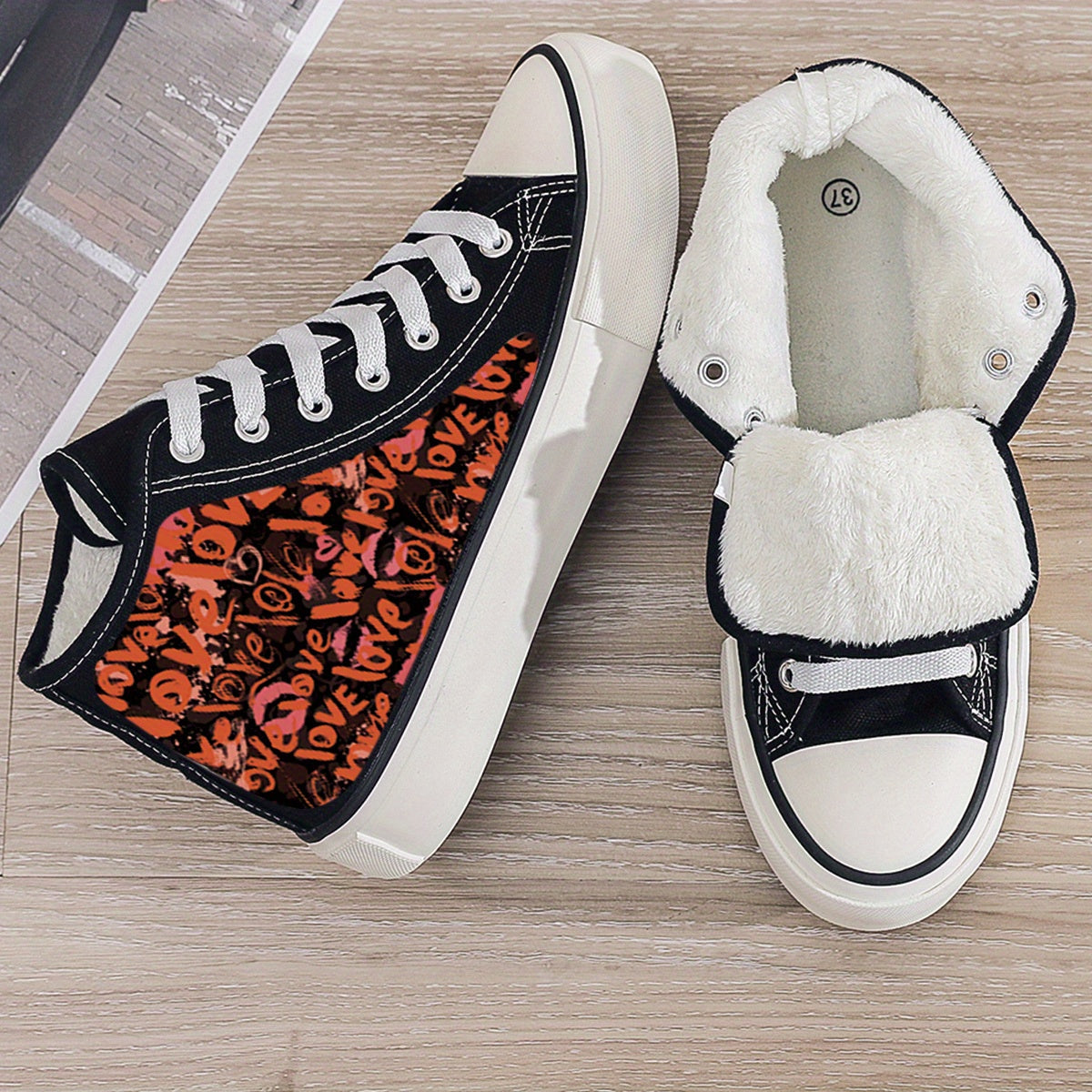 Plush Lined Thermal Chunky Canvas Sneakers Flat Heighten Fall Winter Warm