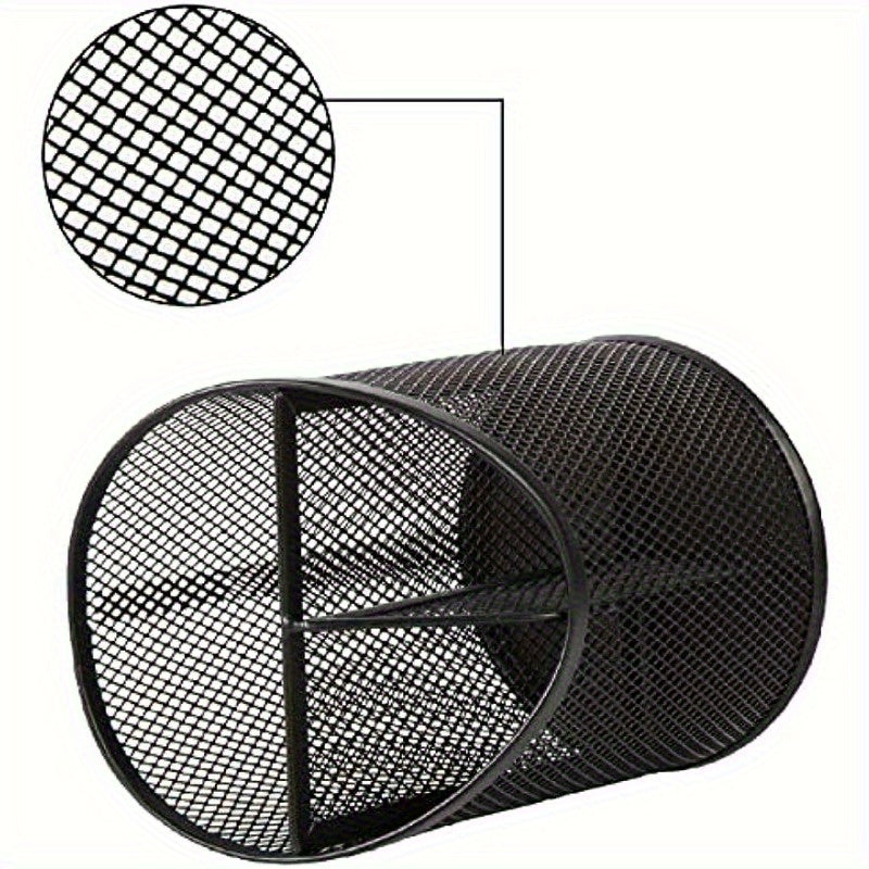 Mesh Round Pencil Holder 3 Compartments Desk Organizer