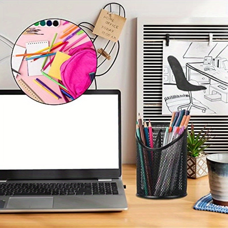 Mesh Round Pencil Holder 3 Compartments Desk Organizer