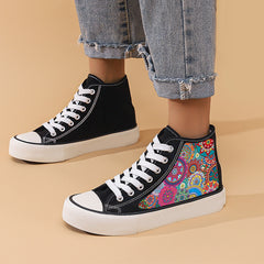 Ethnic Print Chunky Canvas Sneakers Heighten Flat High Top Skate Shoes