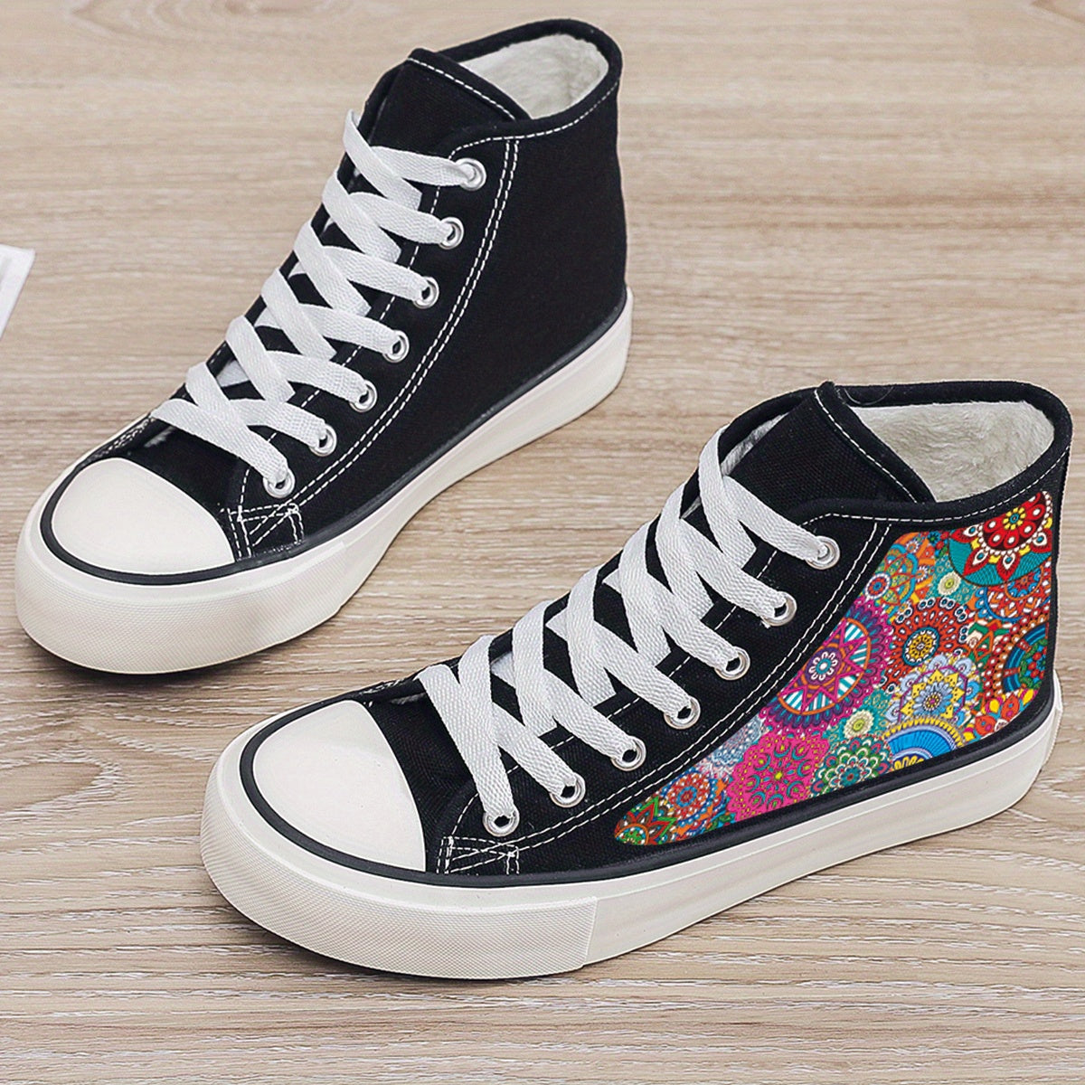 Ethnic Print Plush Lined Thermal Chunky Canvas Sneakers Flat Heighten