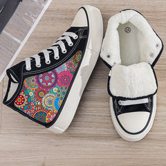 Ethnic Print Plush Lined Thermal Chunky Canvas Sneakers Flat Heighten