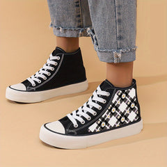 Plaid & Flower Print Chunky Canvas Sneakers