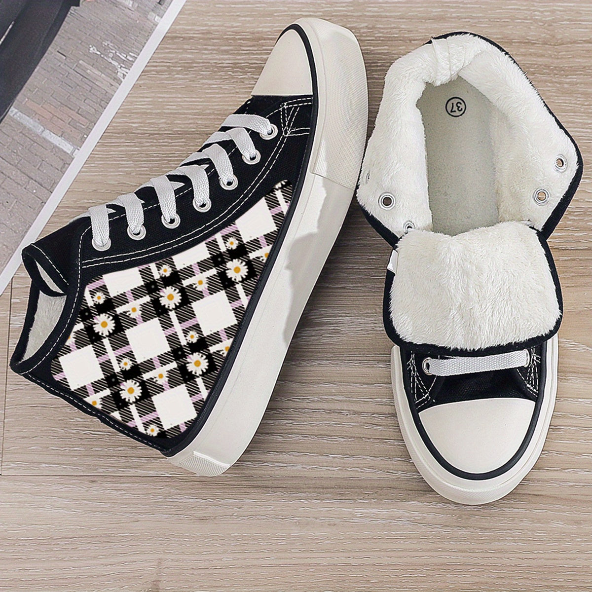 Floral Print Plush Lined Chunky Sneakers