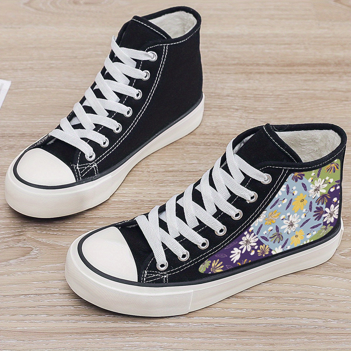 Floral Print Plush Lined Thermal Chunky Canvas Sneakers