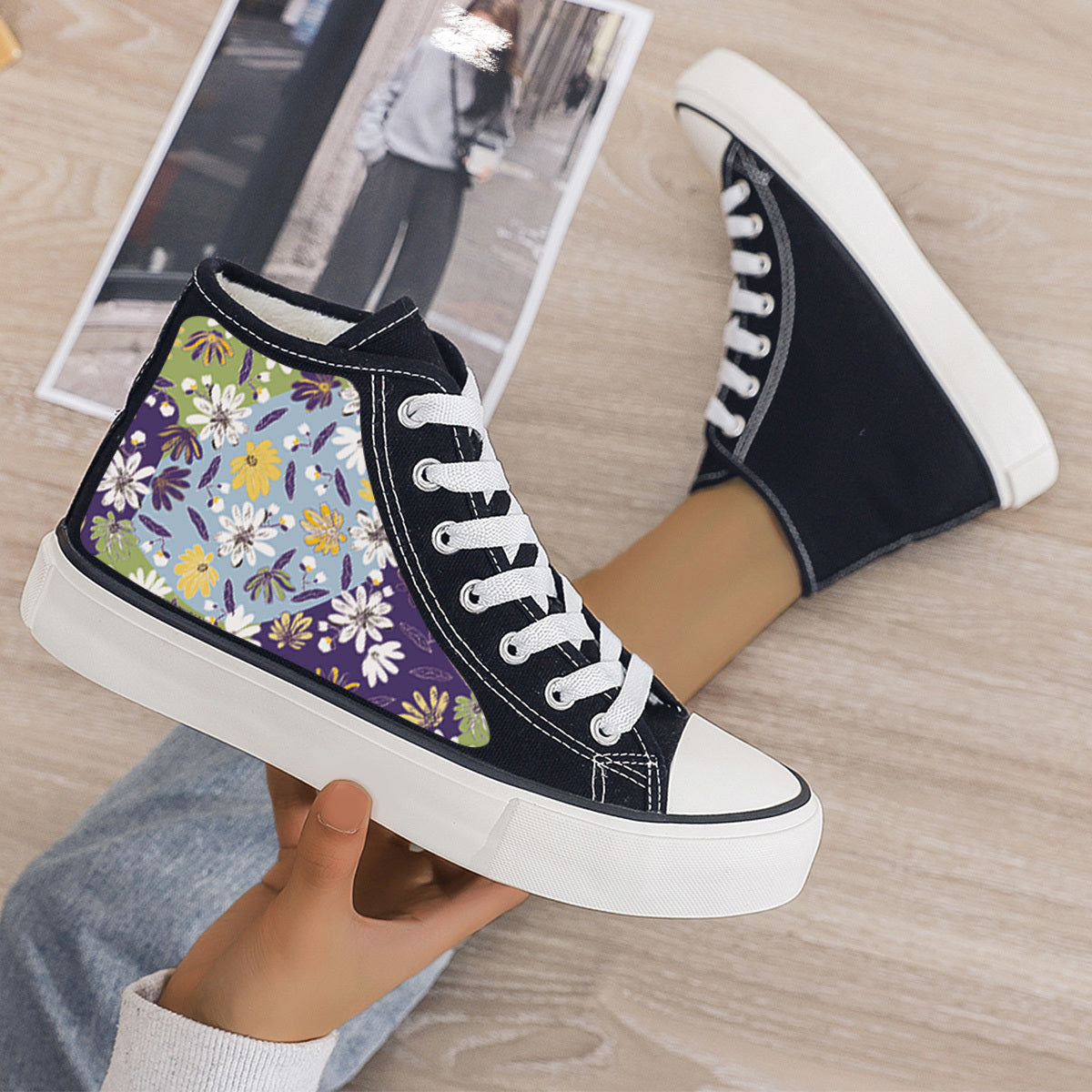 Floral Print Plush Lined Thermal Chunky Canvas Sneakers