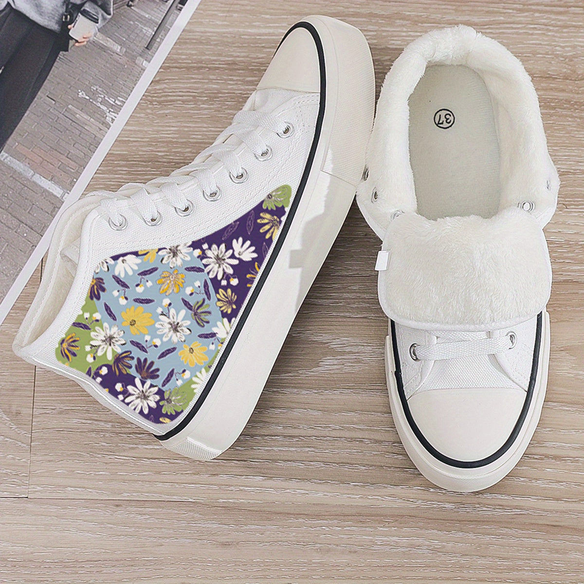 Floral Print Plush Lined Thermal Chunky Canvas Sneakers