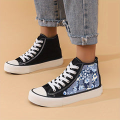 Girls High Top Floral Skate Shoes Comfy Lace Up Sneakers