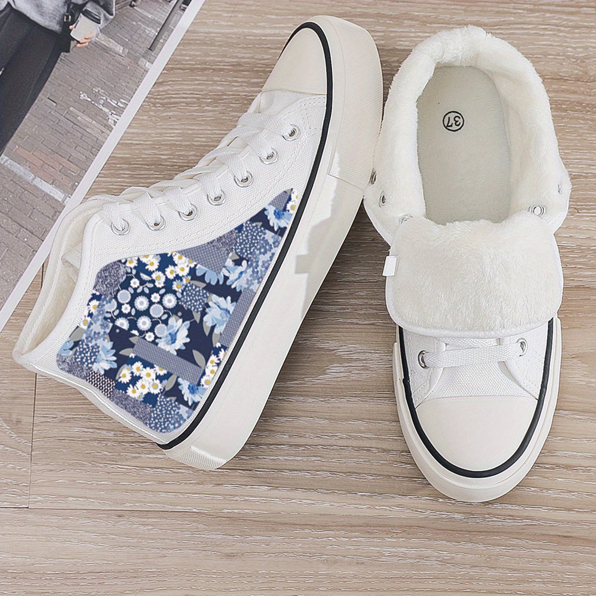 Floral Print Plush Lined Thermal Chunky Sneakers