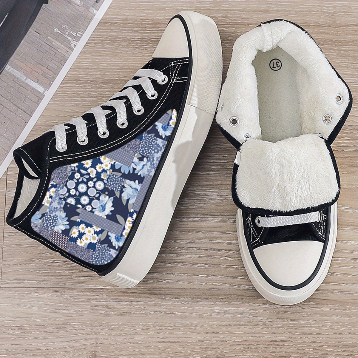 Floral Print Plush Lined Thermal Chunky Sneakers