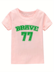 Brave 77 Print Girl's Cotton T shirt Casual Slight Stretch Tee