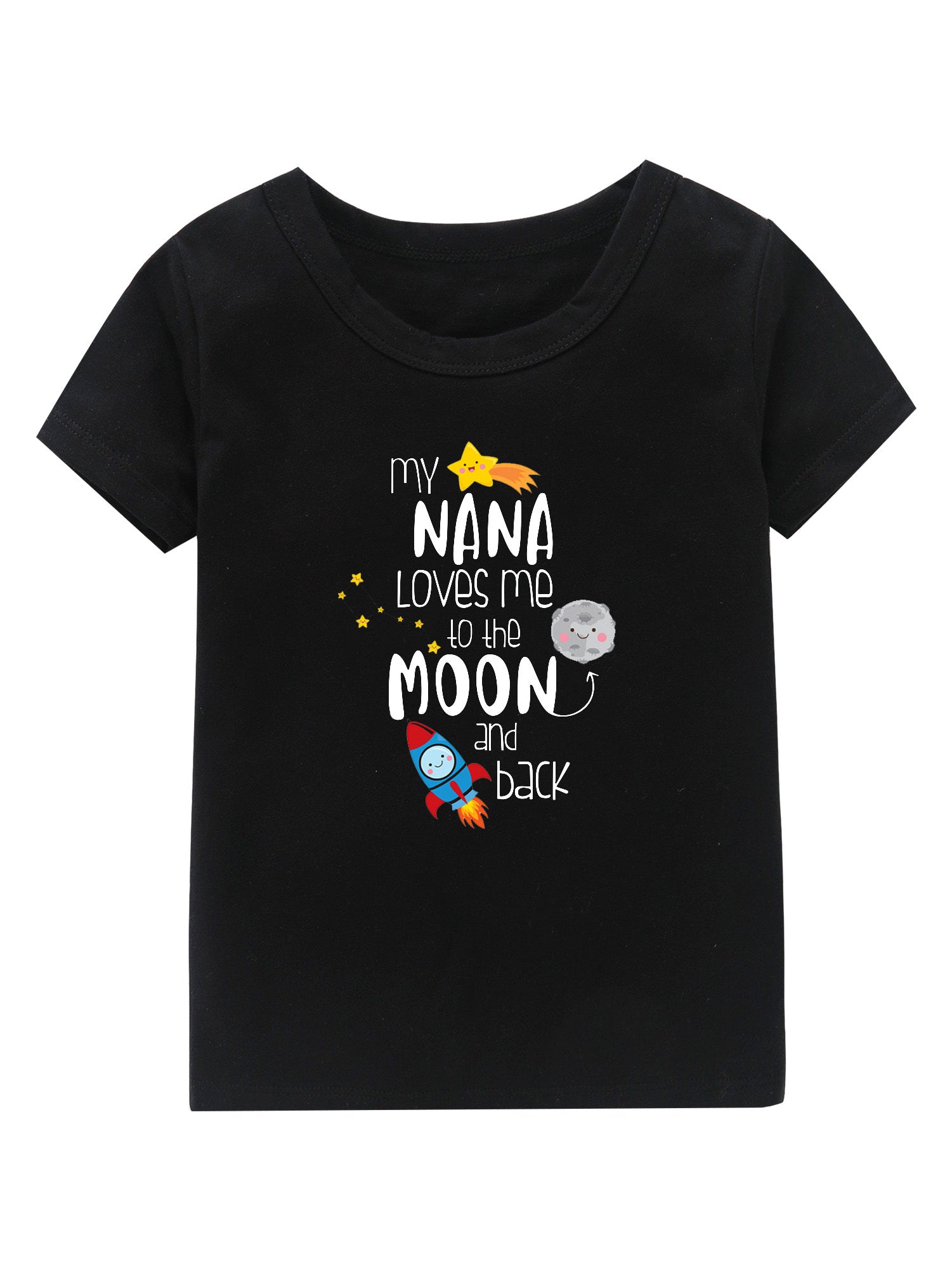 Moon & Rocket Print Girl's Cotton T shirt Breathable Tee For Summer