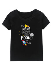 Moon & Rocket Print Girl's Cotton T shirt Breathable Tee For Summer