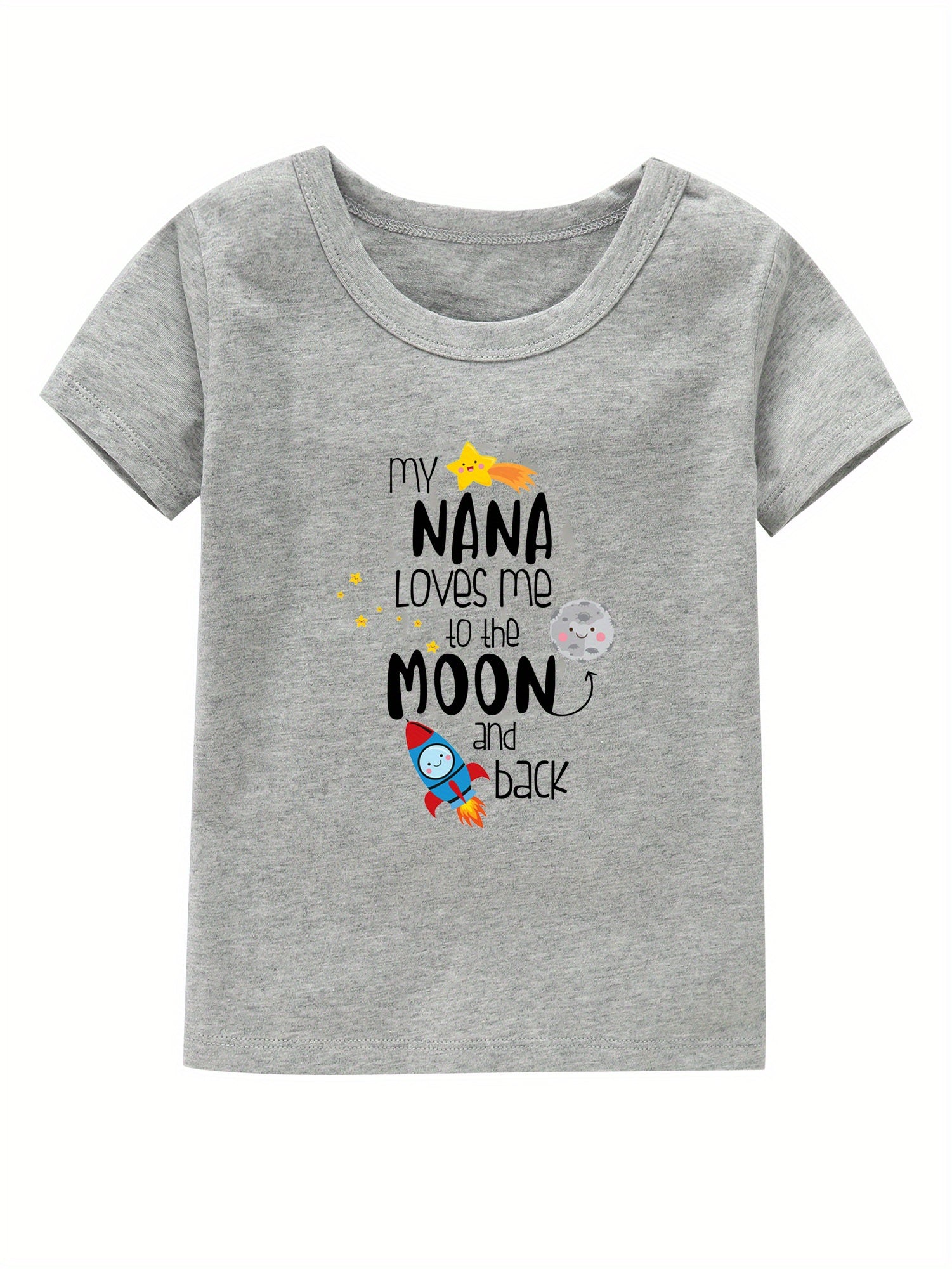 Moon & Rocket Print Girl's Cotton T shirt Breathable Tee For Summer