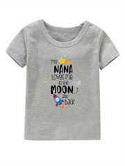 Moon & Rocket Print Girl's Cotton T shirt Breathable Tee For Summer