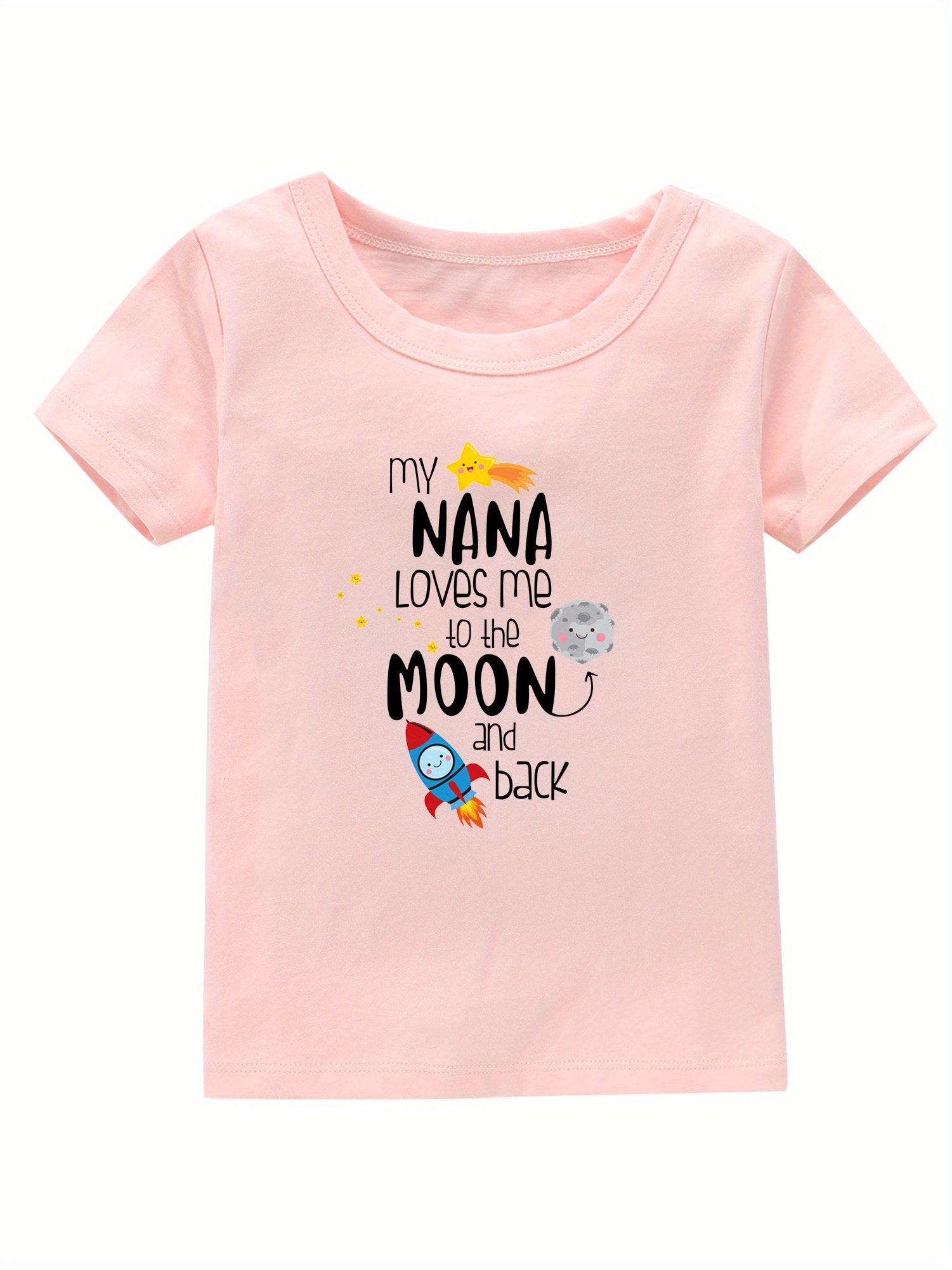 Moon & Rocket Print Girl's Cotton T shirt Breathable Tee For Summer