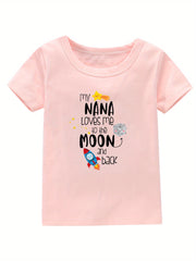 Moon & Rocket Print Girl's Cotton T shirt Breathable Tee For Summer