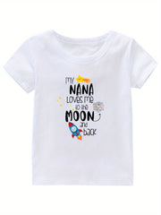 Moon & Rocket Print Girl's Cotton T shirt Breathable Tee For Summer