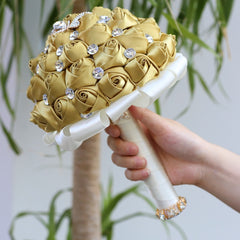 Golden Bridal Wedding Bouquet Rose Artificial Flowers Rhinestone Decor