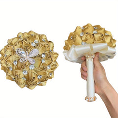 Golden Bridal Wedding Bouquet Rose Artificial Flowers Rhinestone Decor