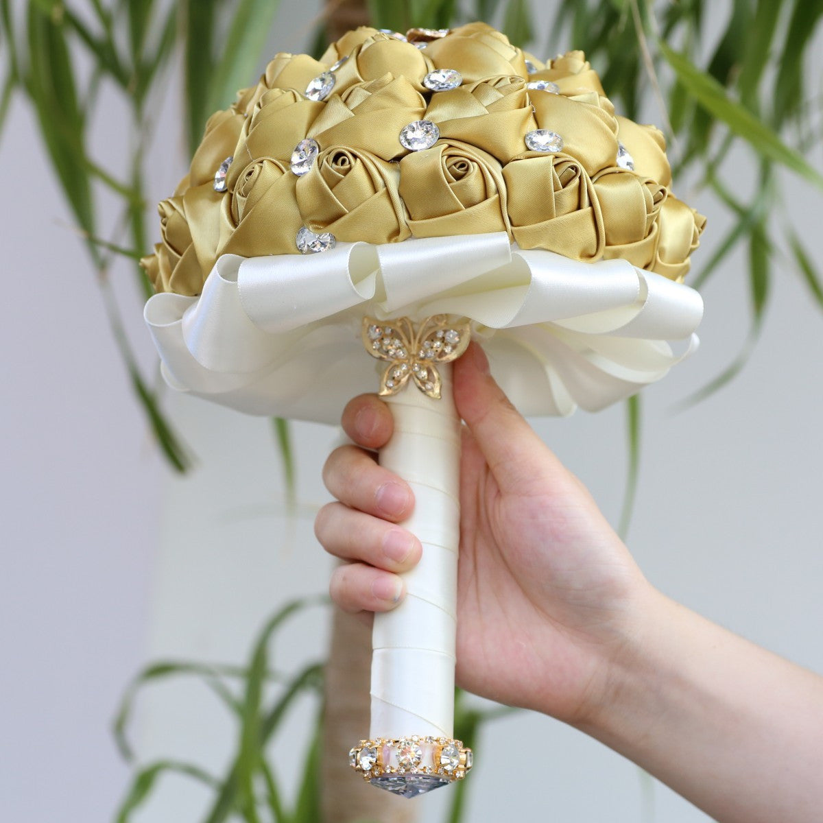 Golden Bridal Wedding Bouquet Rose Artificial Flowers Rhinestone Decor