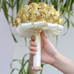 Golden Bridal Wedding Bouquet Rose Artificial Flowers Rhinestone Decor