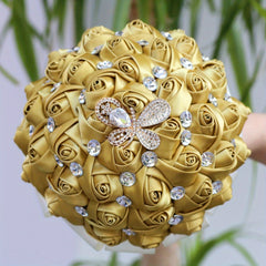 Golden Bridal Wedding Bouquet Rose Artificial Flowers Rhinestone Decor