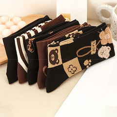 5 Pairs Bear & Bow Print Socks Women's Mid Tube Stockings