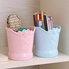 Bow Love Heart Shape Pen Holder Pink Bucket Desk Organizer Stationery