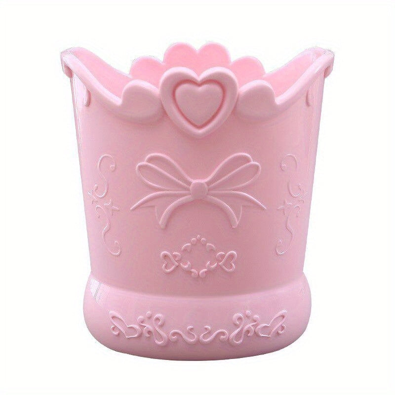 Bow Love Heart Shape Pen Holder Pink Bucket Desk Organizer Stationery