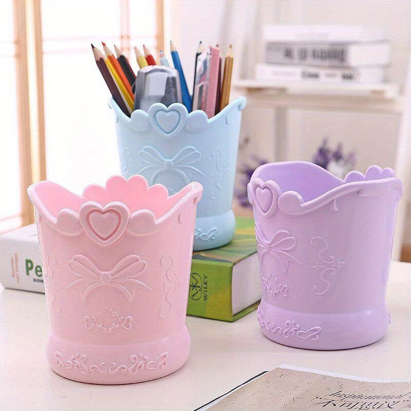 Bow Love Heart Shape Pen Holder Pink Bucket Desk Organizer Stationery