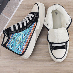 Ethnic Print Plush Lined Thermal Chunky Canvas Sneakers Flat Heighten
