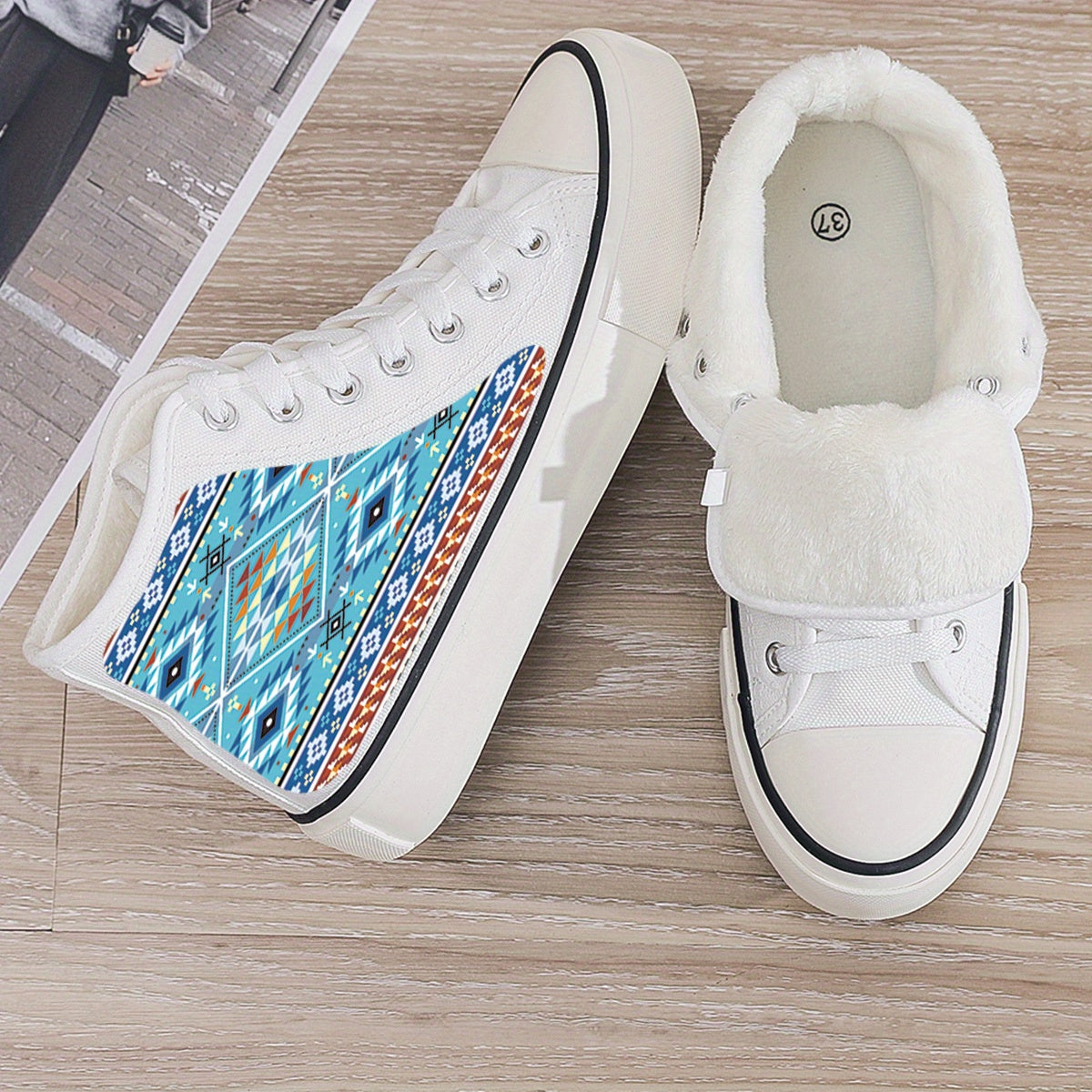Ethnic Print Plush Lined Thermal Chunky Canvas Sneakers Flat Heighten
