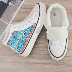 Ethnic Print Plush Lined Thermal Chunky Canvas Sneakers Flat Heighten