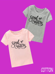 2pcs Girls 100 Cotton SOUL SISTERS Print Short Sleeve T shirt Set