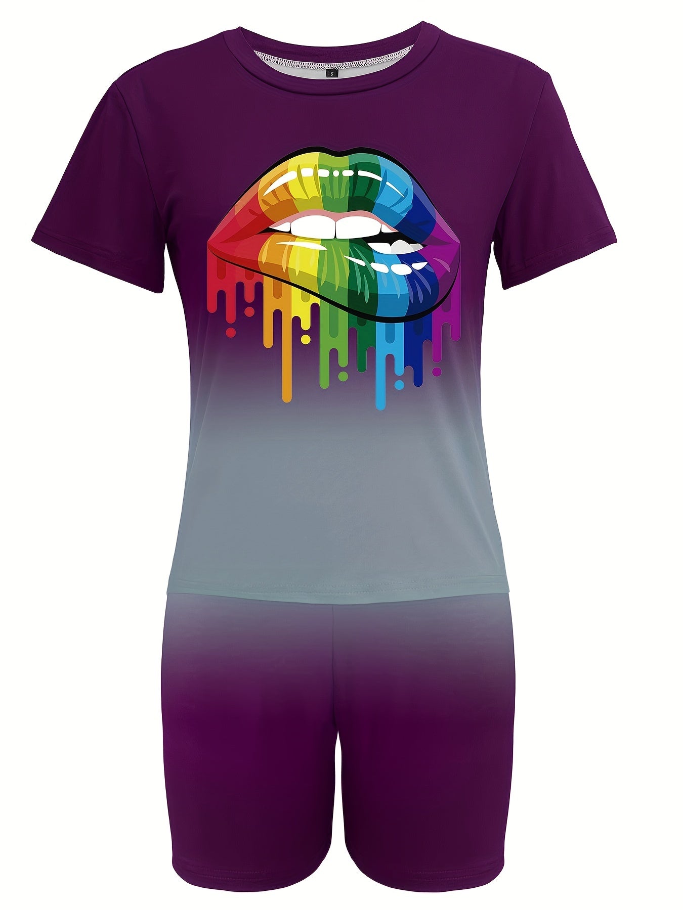 Lips Print 2pcs Set Short Sleeve T Shirt & Biker Shorts