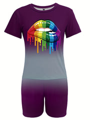 Lips Print 2pcs Set Short Sleeve T Shirt & Biker Shorts