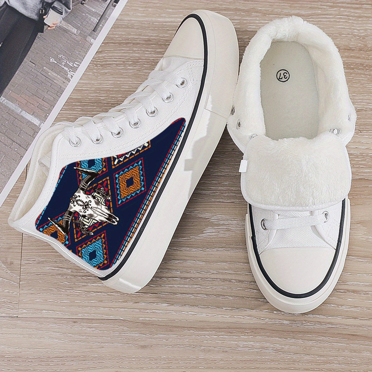 Cow Print Plush Lined Thermal Chunky Canvas Sneakers