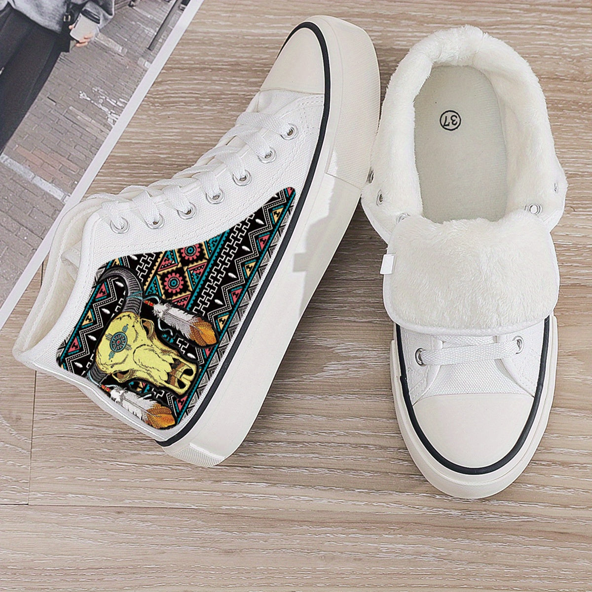 Cow Print Plush Lined Thermal Chunky Canvas Sneakers
