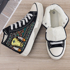 Cow Print Plush Lined Thermal Chunky Canvas Sneakers