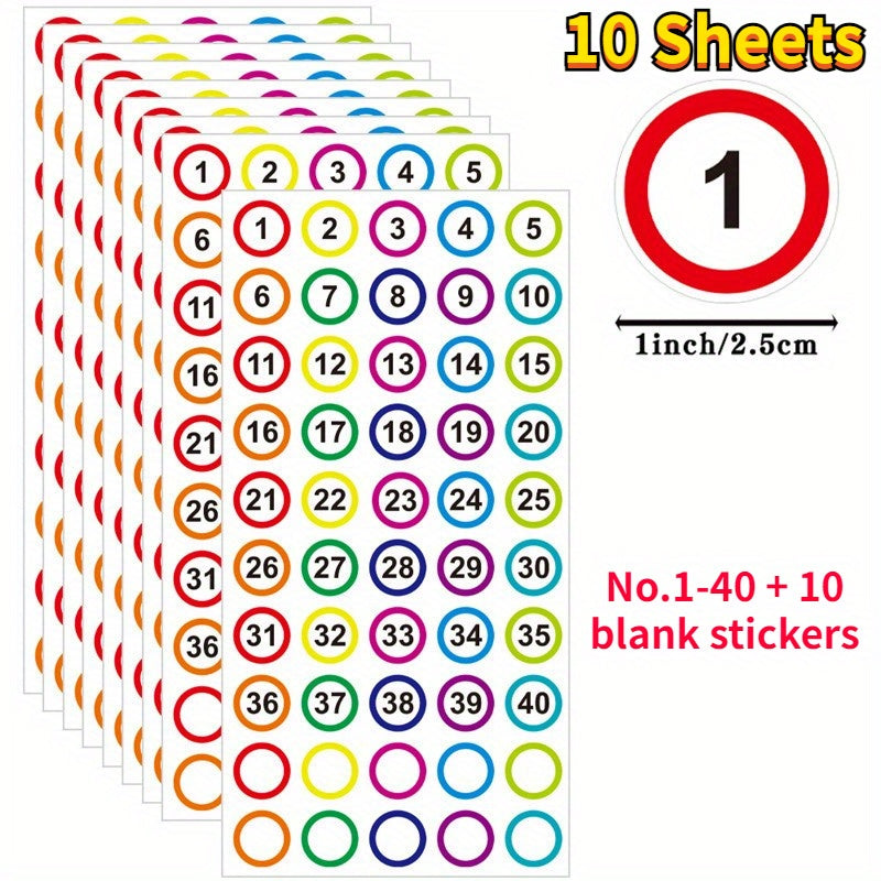 Colorful 1-40 Round Marker Stickers, 2 Per Sticker, Office Document Daily